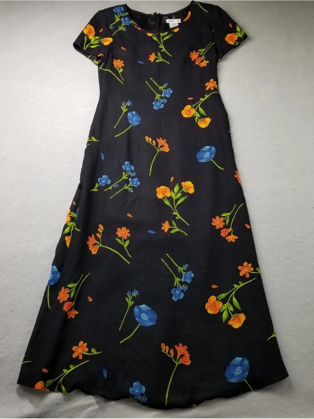 Talbots Black Midi Dress with Blue and Orange Floral Print